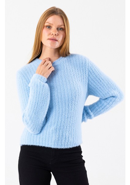 Kadın Bisiklet Yaka Fitilli Detaylı Triko Kazak Mavi - 25-567