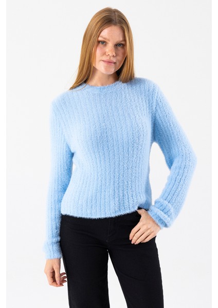 Kadın Bisiklet Yaka Fitilli Detaylı Triko Kazak Mavi - 25-567