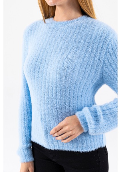 Kadın Bisiklet Yaka Fitilli Detaylı Triko Kazak Mavi - 25-567