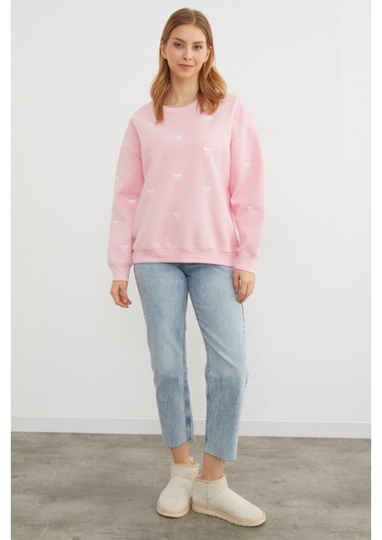 3 Iplik Fiyonk Nakışlı Oversize Sweatshirt