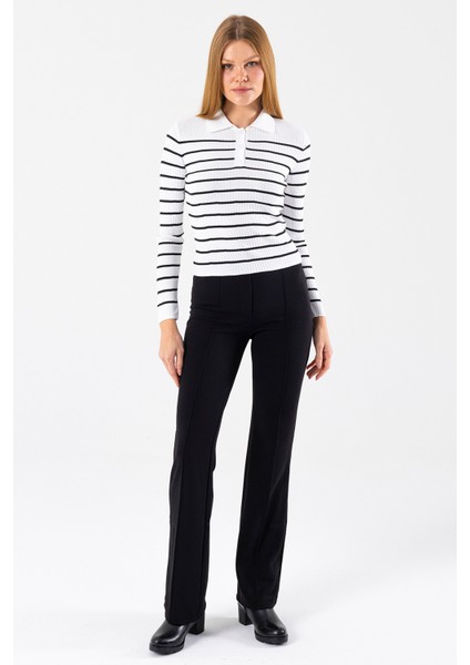 Kadın Polo Yaka Düğme Detaylı Çizgili Triko Body Beyaz - 2058 fiyatları