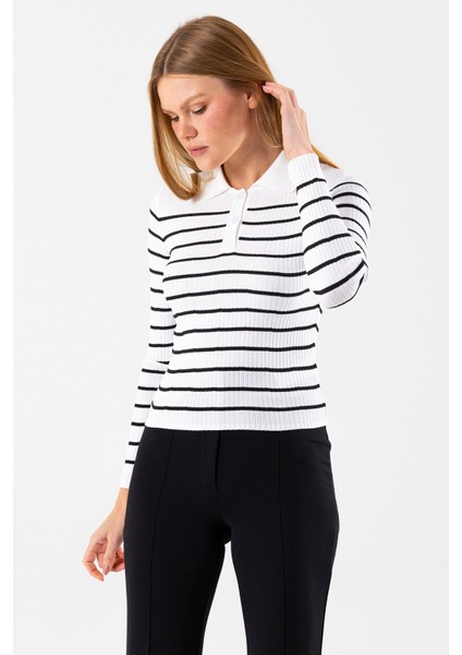 Kadın Polo Yaka Düğme Detaylı Çizgili Triko Body Beyaz - 2058 modelleri