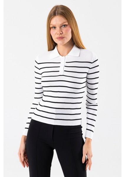 Kadın Polo Yaka Düğme Detaylı Çizgili Triko Body Beyaz - 2058 fırsatları