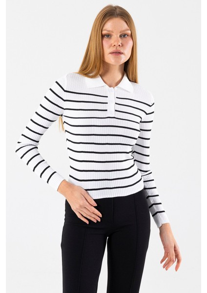 Kadın Polo Yaka Düğme Detaylı Çizgili Triko Body Beyaz - 2058 indirimleri