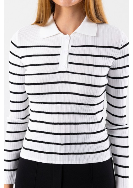 Kadın Polo Yaka Düğme Detaylı Çizgili Triko Body Beyaz - 2058