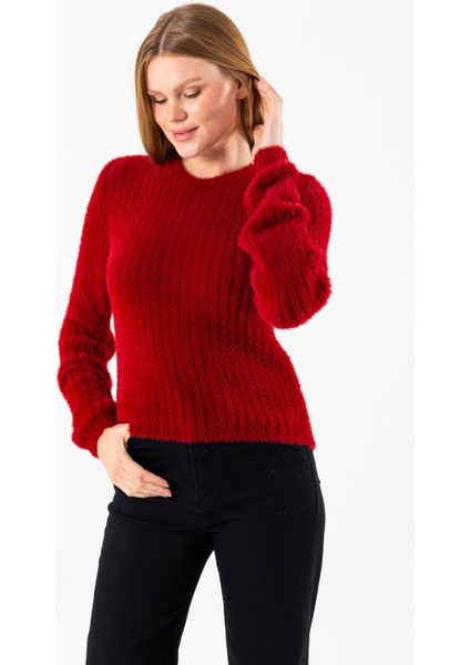 Kadın Bisiklet Yaka Fitilli Detaylı Triko Kazak Bordo - 25-567