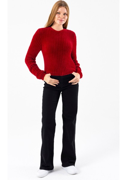 Kadın Bisiklet Yaka Fitilli Detaylı Triko Kazak Bordo - 25-567 fiyatları