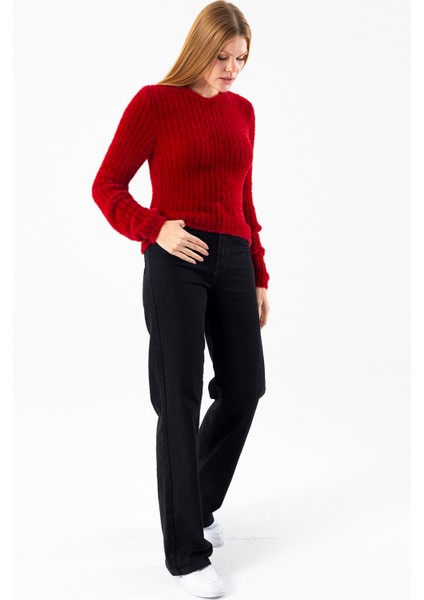 Kadın Bisiklet Yaka Fitilli Detaylı Triko Kazak Bordo - 25-567 modelleri