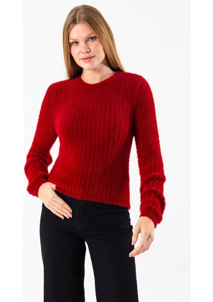 Kadın Bisiklet Yaka Fitilli Detaylı Triko Kazak Bordo - 25-567 fırsatları