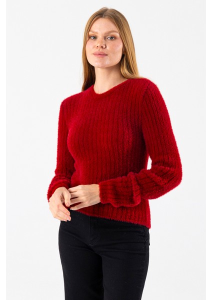 Kadın Bisiklet Yaka Fitilli Detaylı Triko Kazak Bordo - 25-567 indirimleri