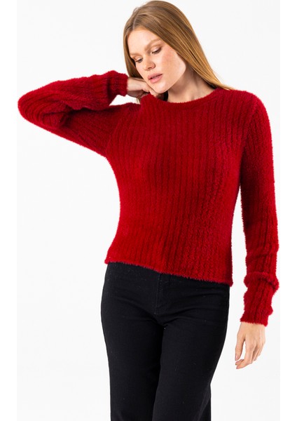 Kadın Bisiklet Yaka Fitilli Detaylı Triko Kazak Bordo - 25-567