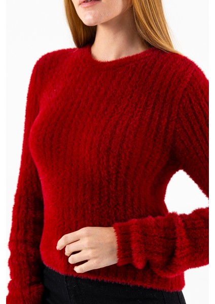 Kadın Bisiklet Yaka Fitilli Detaylı Triko Kazak Bordo - 25-567