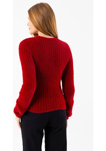 Kadın Bisiklet Yaka Fitilli Detaylı Triko Kazak Bordo - 25-567