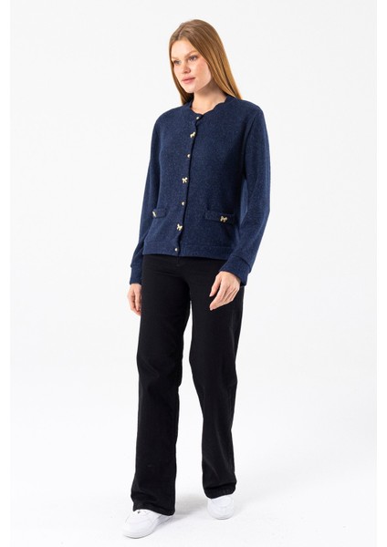 Kadın Bisiklet Yaka Düğmeli Yumuşak Dokulu Hırka Lacivert - 2686 fiyatları