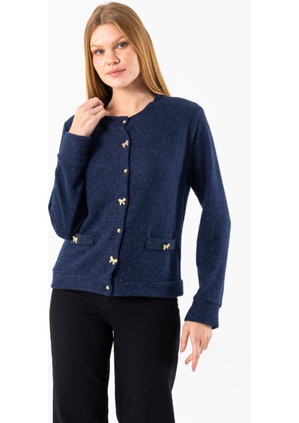 Kadın Bisiklet Yaka Düğmeli Yumuşak Dokulu Hırka Lacivert - 2686 fırsatları