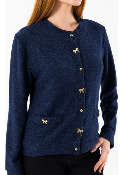 Kadın Bisiklet Yaka Düğmeli Yumuşak Dokulu Hırka Lacivert - 2686