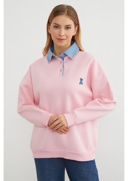 3 Iplik Ayıcık Nakışlı Polo Yaka Denim Detaylı Sweatshirt fiyatları