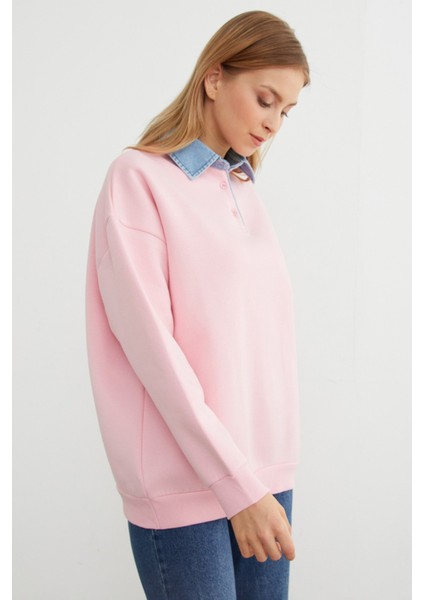 3 Iplik Ayıcık Nakışlı Polo Yaka Denim Detaylı Sweatshirt fırsatları