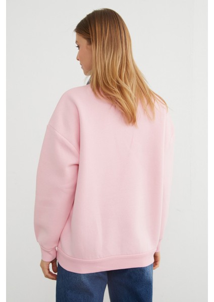 3 Iplik Ayıcık Nakışlı Polo Yaka Denim Detaylı Sweatshirt