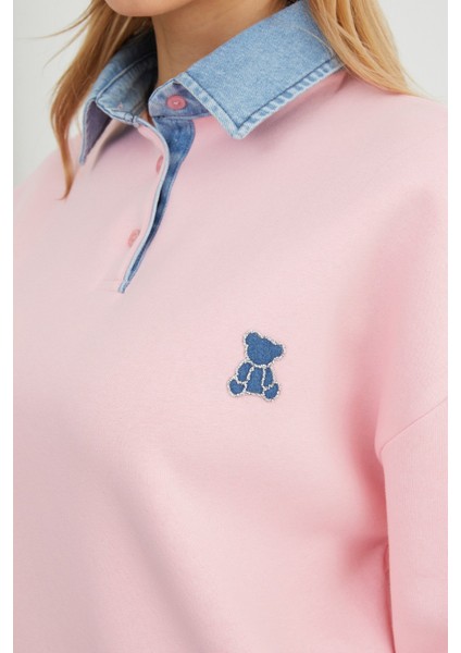 3 Iplik Ayıcık Nakışlı Polo Yaka Denim Detaylı Sweatshirt
