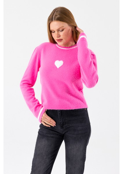 Kadın Bisiklet Yaka Kalp Detaylı Triko Kazak Pembe - 2358 indirimleri