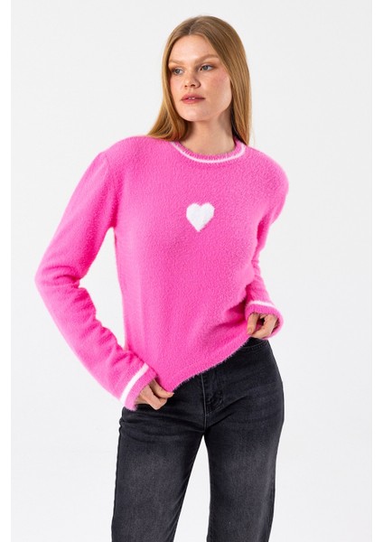 Kadın Bisiklet Yaka Kalp Detaylı Triko Kazak Pembe - 2358