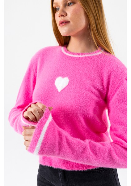 Kadın Bisiklet Yaka Kalp Detaylı Triko Kazak Pembe - 2358