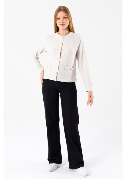 Kadın Bisiklet Yaka Düğmeli Yumuşak Dokulu Hırka Bej - 2686