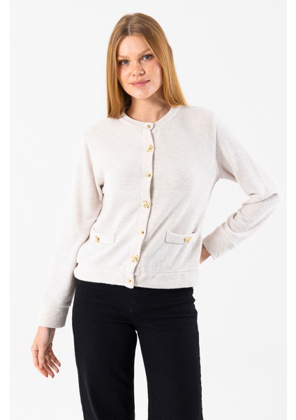 Kadın Bisiklet Yaka Düğmeli Yumuşak Dokulu Hırka Bej - 2686 fırsatları