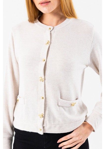 Kadın Bisiklet Yaka Düğmeli Yumuşak Dokulu Hırka Bej - 2686 indirimleri