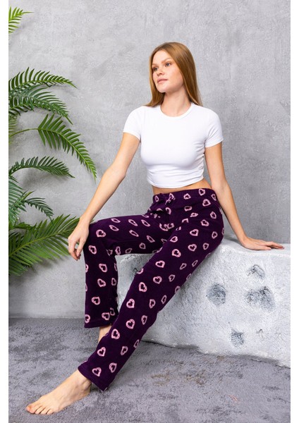 Kadın Beli Lastikli Kalp Desenli Polar Pijama Alt Mor - 2068