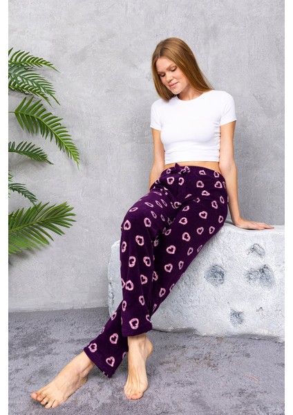 Kadın Beli Lastikli Kalp Desenli Polar Pijama Alt Mor - 2068 modelleri