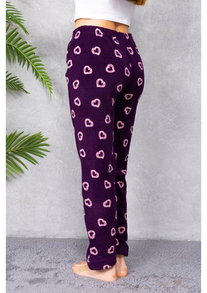 Kadın Beli Lastikli Kalp Desenli Polar Pijama Alt Mor - 2068 fırsatları