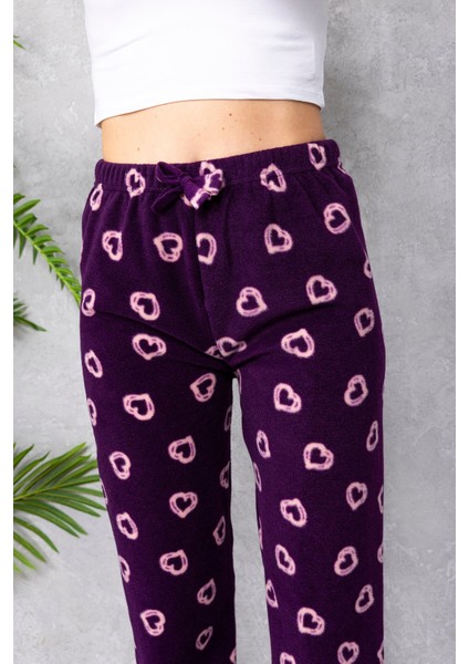 Kadın Beli Lastikli Kalp Desenli Polar Pijama Alt Mor - 2068 indirimleri