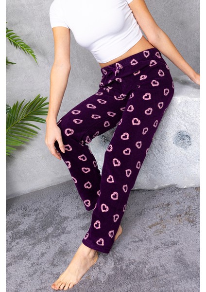 Kadın Beli Lastikli Kalp Desenli Polar Pijama Alt Mor - 2068
