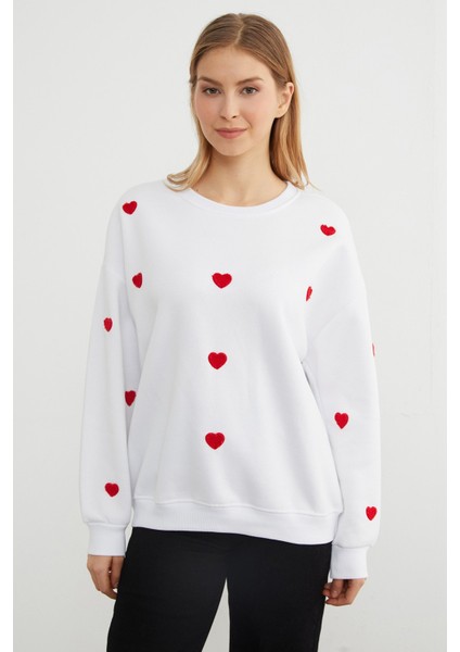 3 Iplik Kalp Nakışlı Oversize Sweatshirt