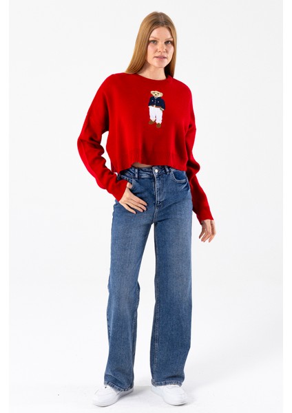 Kadın Bisiklet Yaka Kostümlü Ayıcık Nakışlı Triko Kazak Kırmızı - 2344 fiyatları