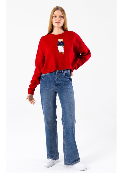 Kadın Bisiklet Yaka Kostümlü Ayıcık Nakışlı Triko Kazak Kırmızı - 2344 modelleri