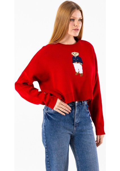 Kadın Bisiklet Yaka Kostümlü Ayıcık Nakışlı Triko Kazak Kırmızı - 2344 fırsatları