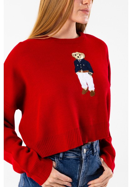 Kadın Bisiklet Yaka Kostümlü Ayıcık Nakışlı Triko Kazak Kırmızı - 2344 indirimleri