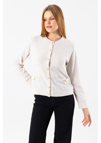 Kadın Bisiklet Yaka Düğmeli Yumuşak Dokulu Hırka Bej - 2686 modelleri