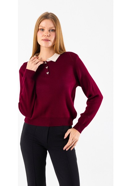 Kadın Polo Yaka Düğme Detaylı Triko Kazak Bordo - 25K 2546