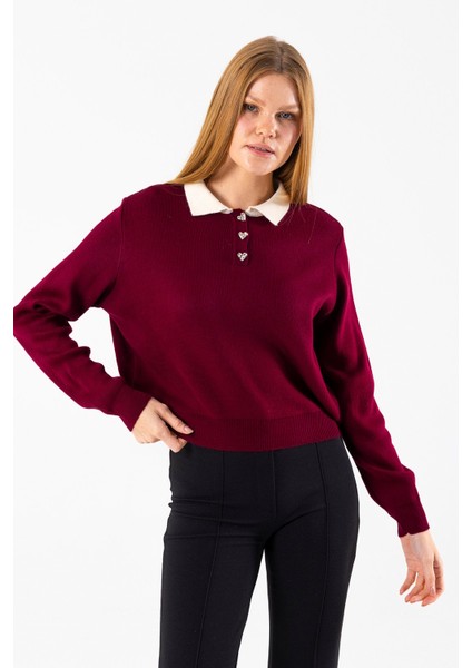 Kadın Polo Yaka Düğme Detaylı Triko Kazak Bordo - 25K 2546 fiyatları