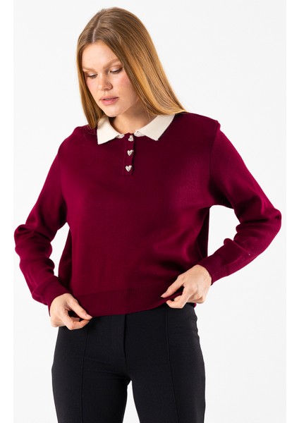 Kadın Polo Yaka Düğme Detaylı Triko Kazak Bordo - 25K 2546 fırsatları