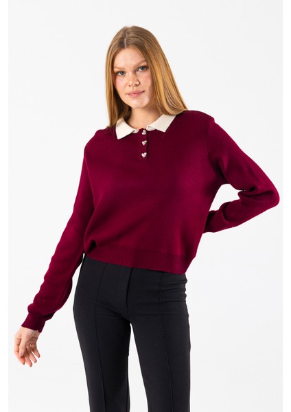 Kadın Polo Yaka Düğme Detaylı Triko Kazak Bordo - 25K 2546 indirimleri