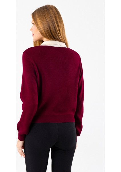 Kadın Polo Yaka Düğme Detaylı Triko Kazak Bordo - 25K 2546