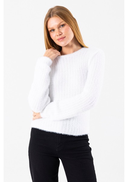 Kadın Bisiklet Yaka Fitilli Detaylı Triko Kazak Beyaz - 25-567 fırsatları