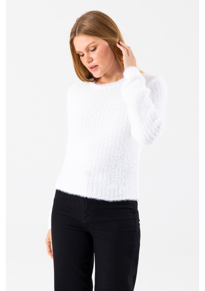 Kadın Bisiklet Yaka Fitilli Detaylı Triko Kazak Beyaz - 25-567 indirimleri