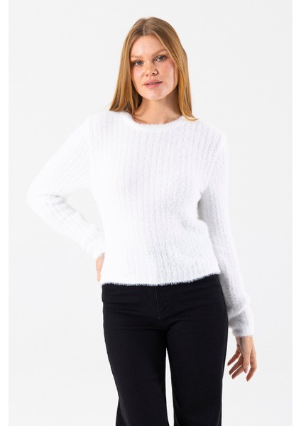 Kadın Bisiklet Yaka Fitilli Detaylı Triko Kazak Beyaz - 25-567