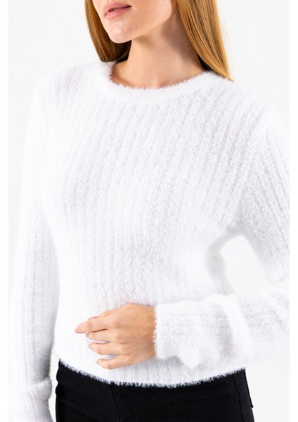 Kadın Bisiklet Yaka Fitilli Detaylı Triko Kazak Beyaz - 25-567